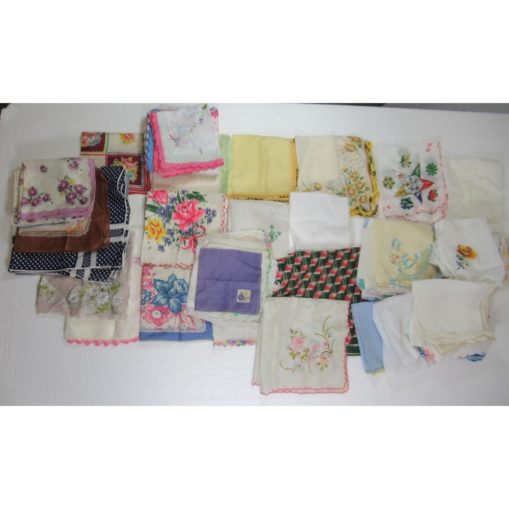 70 Vintage Ladies Handkerchiefs Lot Printed Embroidered Crochet Mixed